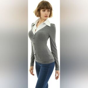 AmélieBoutik Women Shirt Collar Pleated 2 in 1 Style Pullover Blouse Top Gray S